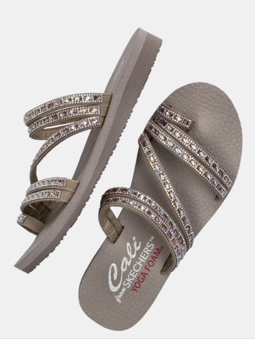 Skechers Strapy Taupe Slide Foam Sandals with Crystal Straps 7 New